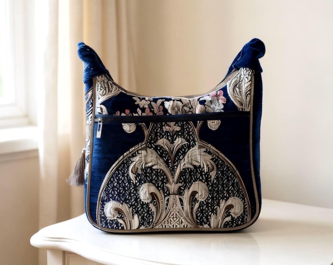 Victorian Cottagecore Shoulder Bag – Handmade Navy Satin Purse with Tassel – Vintage Boho Crossbody Tote – Gift for Women