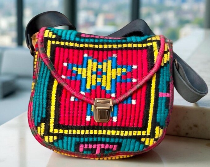 African Colorful Personalised Crossbody Natural Bag, Hippi Style Hand-Woven Adjustable Strap, Wool Shoulder Bag,  Boho Gift For Her Birthday