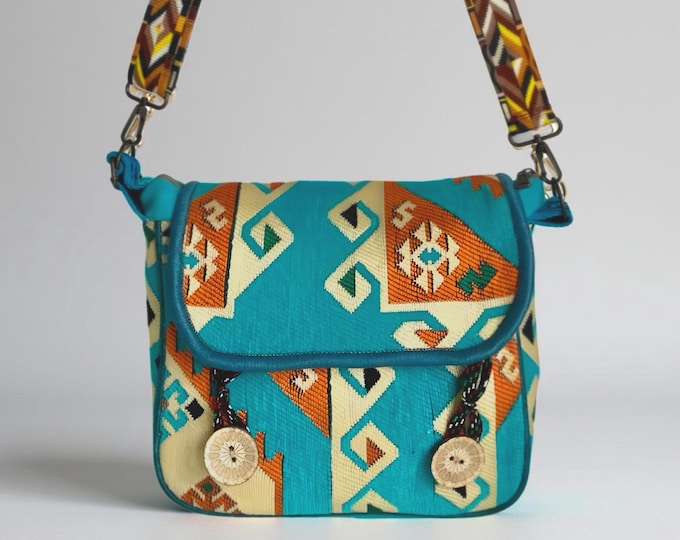Tribal Pattern Blue Crossbody Bag, Adjustable Guitar Strap Shoulder Bag, Personalized Messenger Sport Side Bag, Mother's Day Gift For Mom
