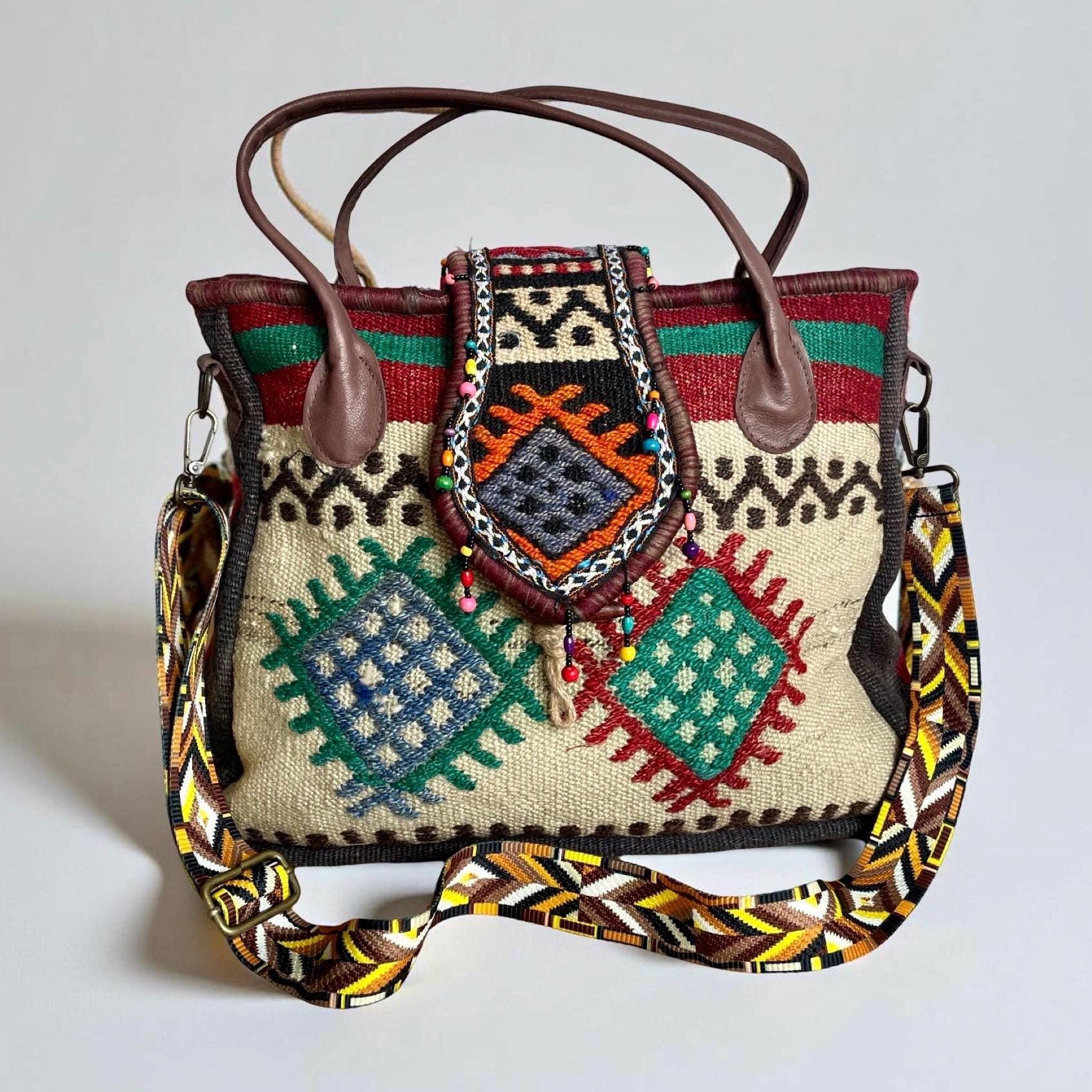 Handmade Navajo Wool Tote Bag – Large Rug & Leather Shoulder  display picture 2