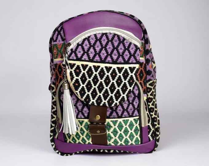 Purple Kilim Multi Pocket Zipper Sport Backpack, Native Ethnic Rug Pattern Strong Liliac Rucksack, Personalized Gift Myself, Girlfriend