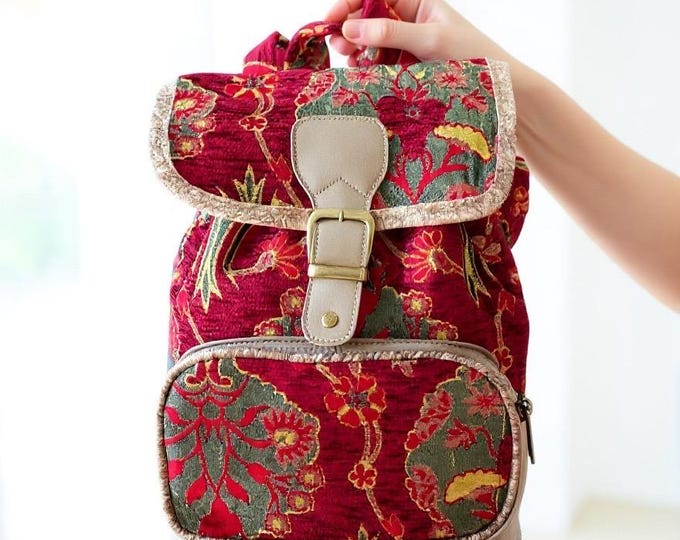 Handmade Red Tapestry Boho Backpack, Vintage Floral Travel Bag, Lightweight Everyday Backpack, Unique Gift for Her Christmas Birthday