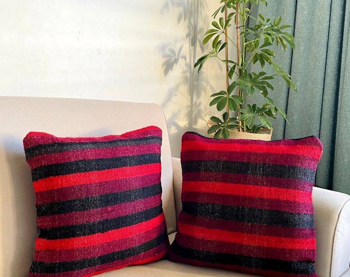 Hand-Woven Kilim Pillow Cover Set: Turkish Anatolian Rug Cushions (18x18 inch)