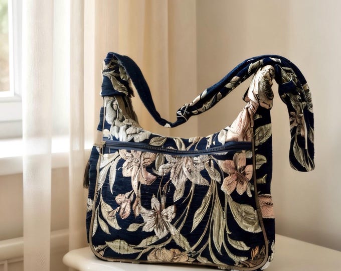 Velvet Floral Shoulder Bag: Victorian Style Navy Crossbody Purse