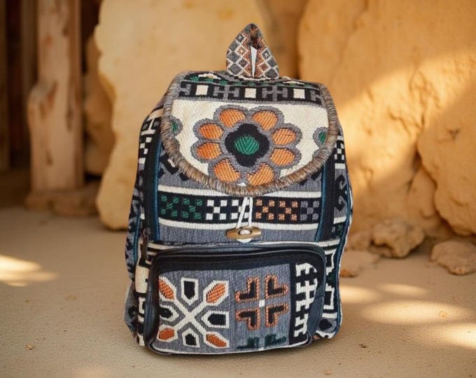Soft Grey Kilim Backpack – Handmade Woven Laptop Bag with Anatolian Motifs | Unique Boho Gift for Her, Birthday, Christmas, Valentine’s
