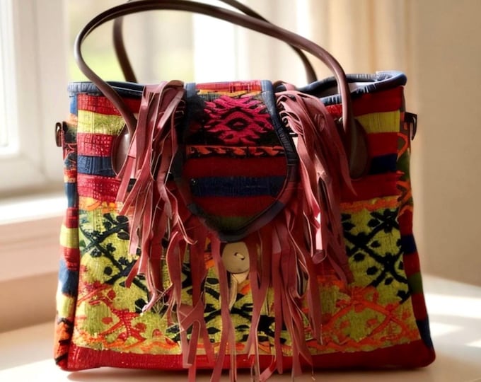 Western Rug Tote Bag: Leather Fringe, Wool Shoulder Purse