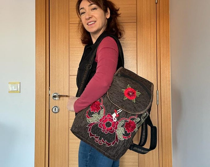 Poppy Embodery Design Brown Backpack, Embossed Touch Large Rucksack, Personalized Laptop Bag, Casual Winter Gift For Her, Myself Gift