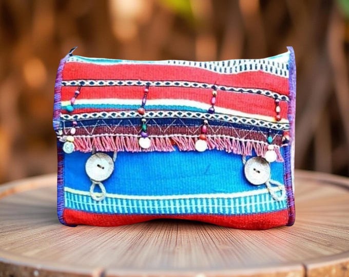 Handwoven Kilim Leather Shoulder Bag: Beaded Tassel Boho Purse