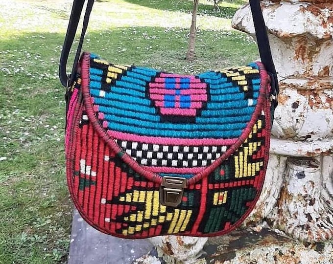 Handwoven Kilim Bag - African Pattern, Suede Strap, Personalized Gift, Boho Crossbody Bag, Natural Wool Purse, Unique Christmas Gift for Her