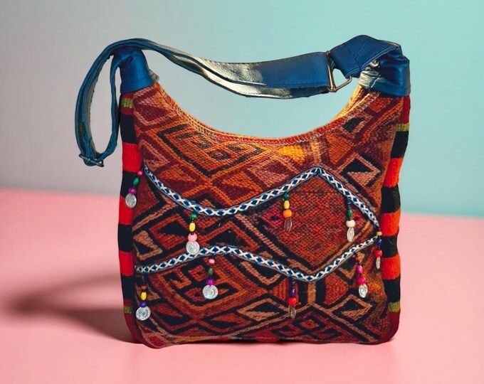 Soft Natural Dyed Wool Rug Tote Bag, Genuine Leather and Kilim Shoulder Bag, Bohem Outfit Accesory, Personalized Gift For Her, Mother's Day