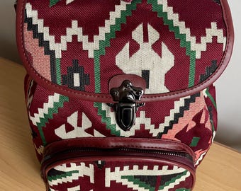 Burgundy Fabric Backpack: Ethnic Tribal Pattern Rucksack  display picture 3