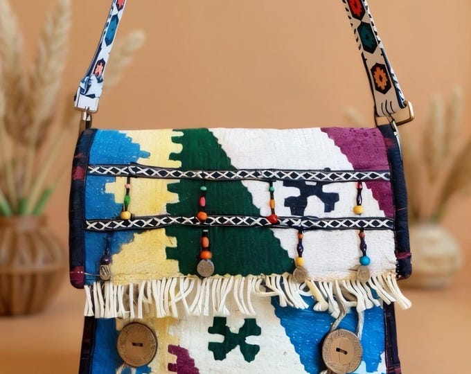 Handmade Wool Kilim Crossbody Bag: Bohemian Guitar Strap Purse
