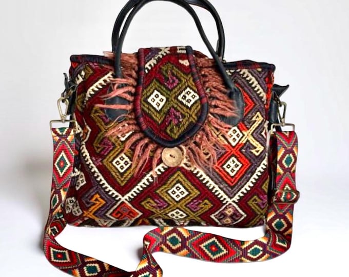 Handmade Boho Wool Ethnic Tote with Guitar Straps, Large Rug Bag with Tassels Crossbody Purse, Unique Gift for Women, Christmas, Birthday