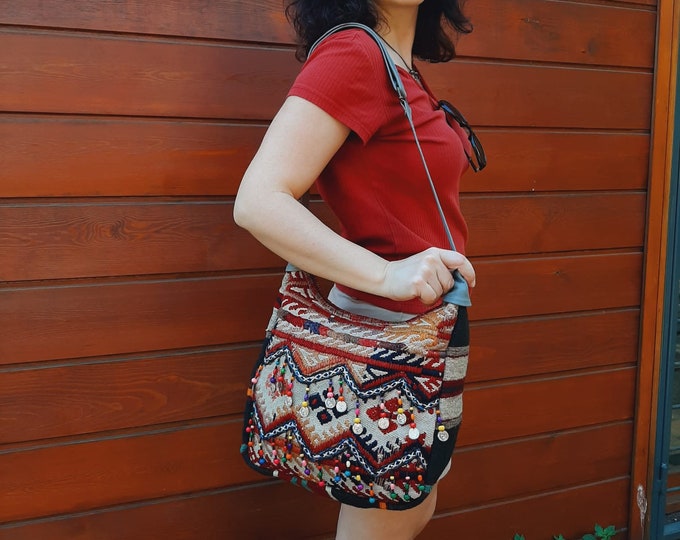 Hand-made Beaded Ethnic Model Antique Kilim Shoulder Bag, Natural Dyed Multi Color Adjustable Hand Bag For Her, Birthday Gift Bohem Women