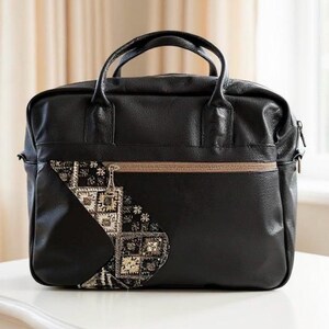 Personalized Black Leather Briefcase: Rug Pattern Laptop Bag
