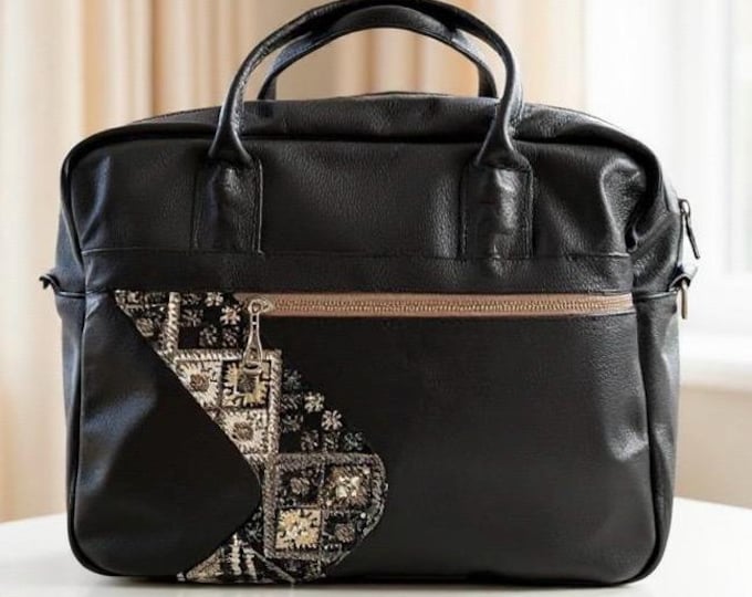 Personalized Black Leather Briefcase: Rug Pattern Laptop Bag