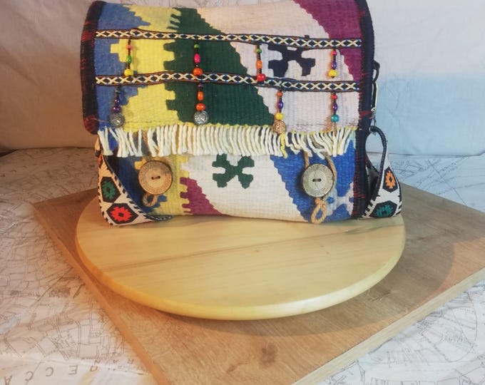 Handmade Wool Rug Crossbody Bag: Tribal Carpet Purse with Leather Strap