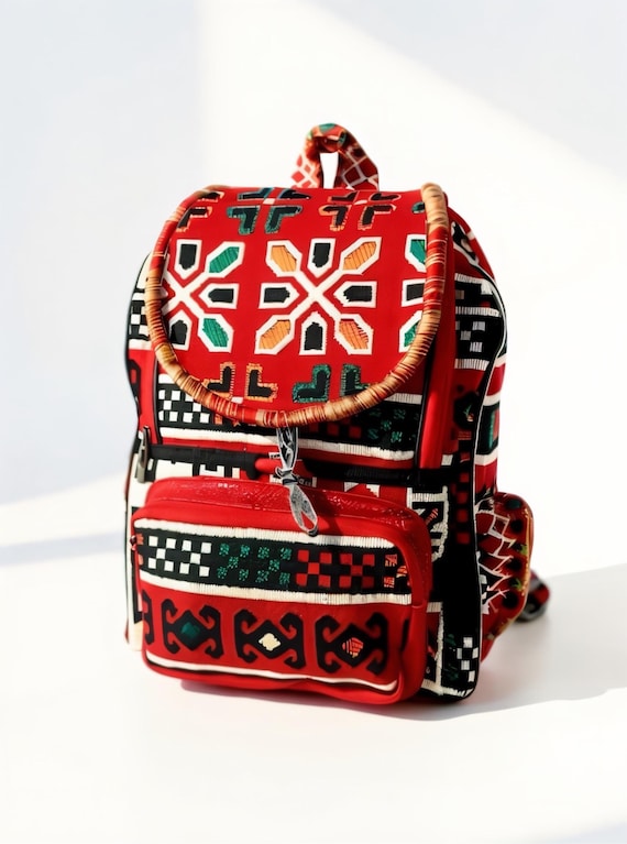 Handmade Red Rug Backpack: Large Compartment Laptop Bag
