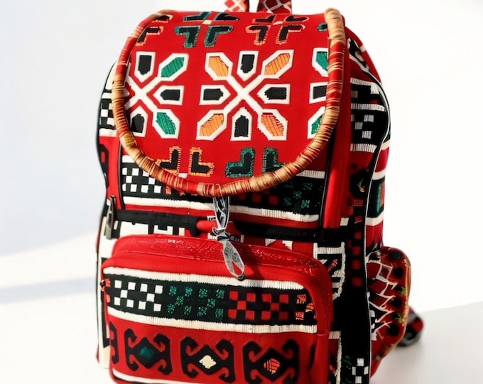Handmade Red Rug Backpack: Large Compartment Laptop Bag