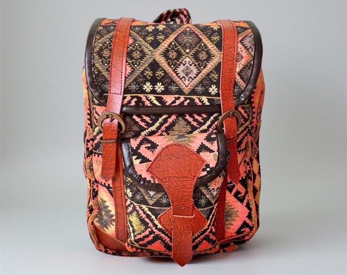 Strong Fabric Large Pastel Color Backpack, Weekender Hiking Backpack, Laptop Backpack For Women, Ethnic Pattern Bag, Mother's Day Gift