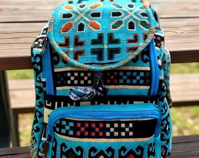 Handmade Turquoise Kilim Backpack – Boho Rucksack with Evil Eye Motif – Unique Gift for Women, Yoga, Hiking & Travel