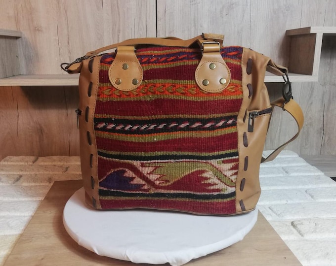 Handwoven Wool Rug Tote Bag: Boho Leather AND Guitar strap Shoulder Bag
