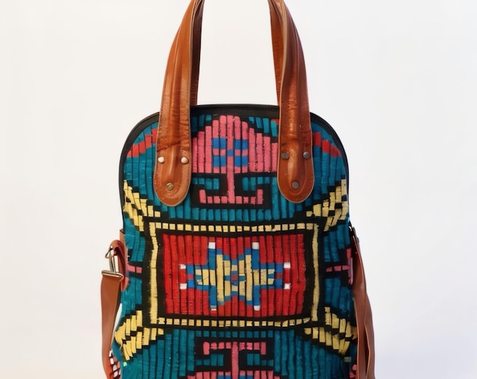 Handwoven Rug Tote Bag with Leather Straps – Large Laptop Shoulder Bag – Boho Handmade Tote – Personalized Gift for Women