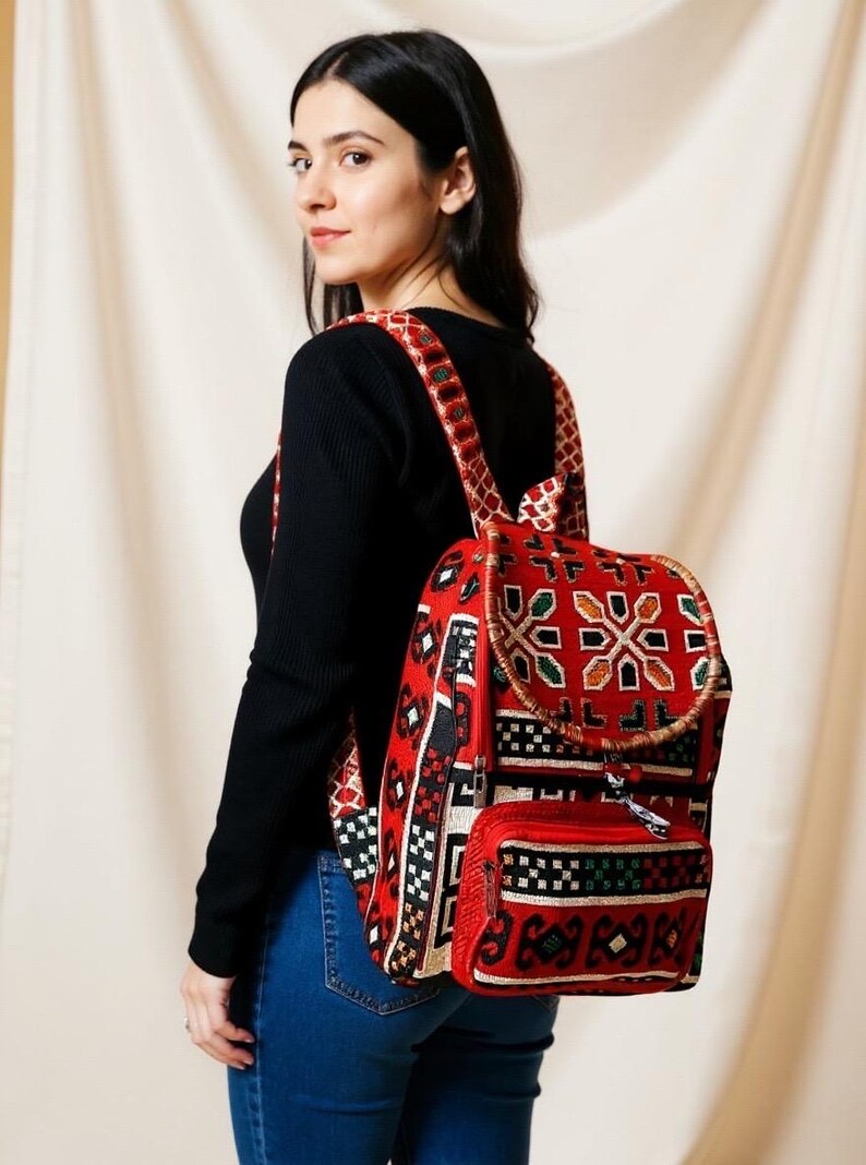 Handmade Red Rug Backpack: Large Compartment Laptop Bag image 8