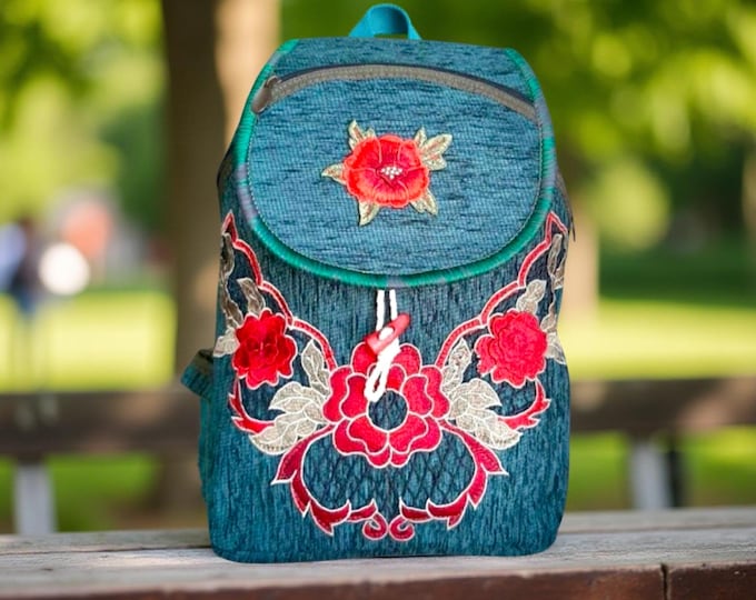 Petrol Green Poppy Pattern Large Backpack, Weekender Traveller Bag, Casual Laptop Bag, Unique Gift For Her, Local Shop One-Of-A-Kind Gift