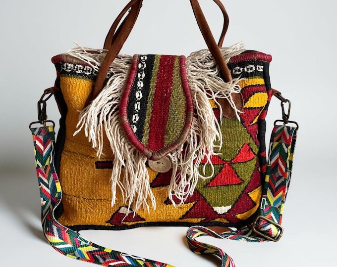 Yarn Tassel Yellow Wool Tote, Colorful Guitar Strap Shoulder Rug Bag, Tribal Pattern Natural Large Purse, Personalized Gift Myself