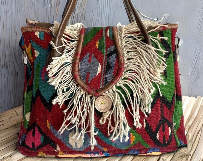 Yarn Tassel Wool Rug Tote, Genuine Leather and Kilim Guitar Strap Shoulder Bag, Tribal Pattern Natural Dyed Purse, Personalized Gift For Her
