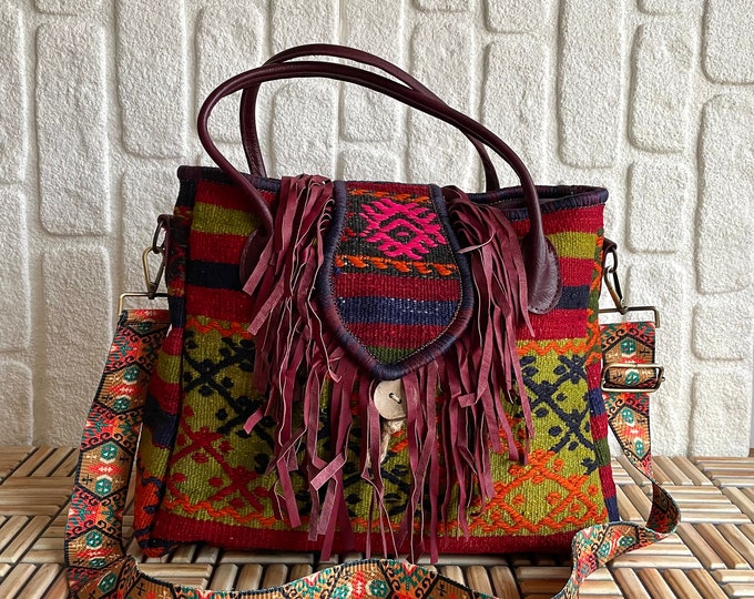 Guitar Strap Western Rug Tribal Pattern Tote, Carry-All Large Size Bag, Leather Fringe Wool Shoulder Purse, Bohemian Style Birthday Gift Her