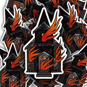 Burning Church Building Laminate Sticker // Gothic Punk Emo Halloween Grunge Decal Sticker