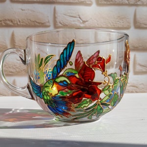 Stained Glass  Cup 17 oz ( 500 ml) Hummingbirds Cup  Hand Painted Cup Personalized Cup Custom Glass Cup Large Glass Cup