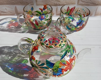 Stained glass Tea set and Teapot Hand Painted Tea Set Custom Tea Set Hummingbird gift Housewarming gift Hostess gift Gift for wife Tea party