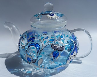 Stained Glass Teapot 20 oz ( 600 ml) Blue Hand Painted Teapot Custom Teapot Handmade Dishes Mothers Day Gift Personalized Teapot