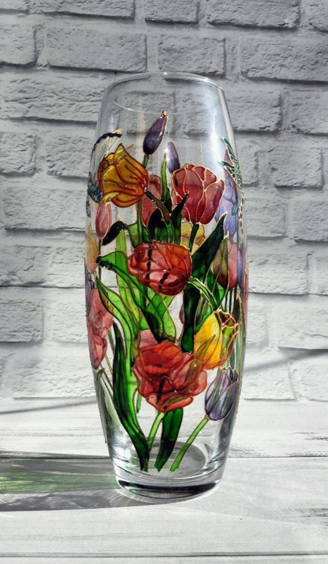 Flower Vase 10 in Tulip and Dragonfly Stained Glass Custom Vase