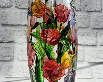 Flower vase 10 in Tulip and Dragonfly Stained glass Custom vase Personalized vase New home gift Flower art Gift for mom Gift for grandma