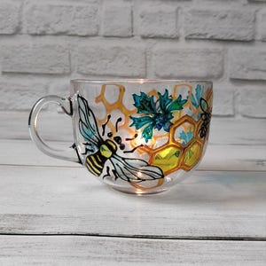 Stained Glass Coffee Cup 17 oz ( 500 ml ) Bees and Honey Mug  Hand Painted Mug Personalized Tea Mug Custom Glass Cup Cornflower Mug