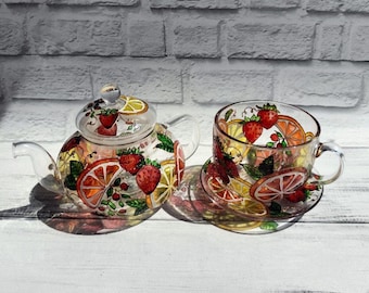 Stained glass Tea set and Teapot 26 oz Orange and Lemon Custom Tea Set New home gift Hostess gift Gift for wife Tea party Gift for mom