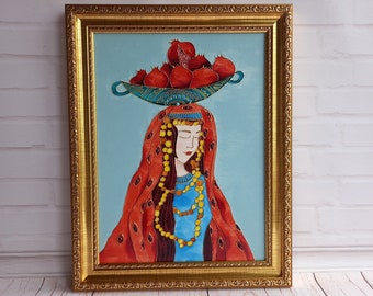 Original painting farshchian girl with pomegranate Framed wall art 3d wall art New home gift Best friend gift Trendy wall art gift for mom