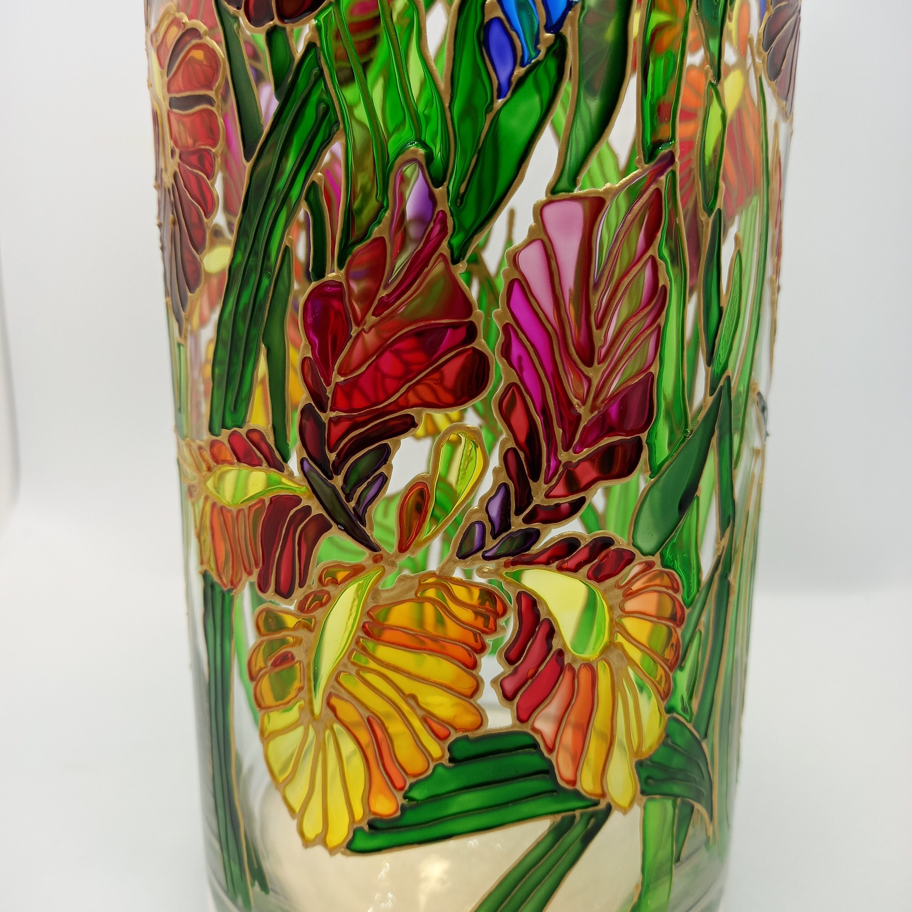 Tall Stained Glass Vase Hand Painted Irises Vase 104 1/3 in Etsy