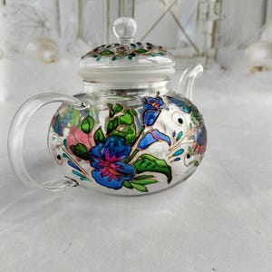 Tetera de vidrio de colores Tetera personalizada Regalos de colibrí Regalo de fiesta de té Regalo para nuevo hogar Juego de té Regalos de pájaros Tetera pintada a mano imagen 8
