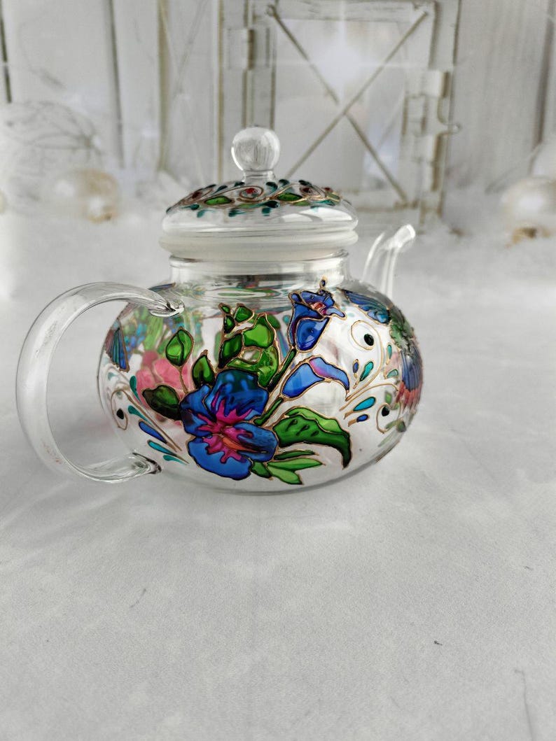 Tetera de vidrio de colores Tetera personalizada Regalos de colibrí Regalo de fiesta de té Regalo para nuevo hogar Juego de té Regalos de pájaros Tetera pintada a mano imagen 8