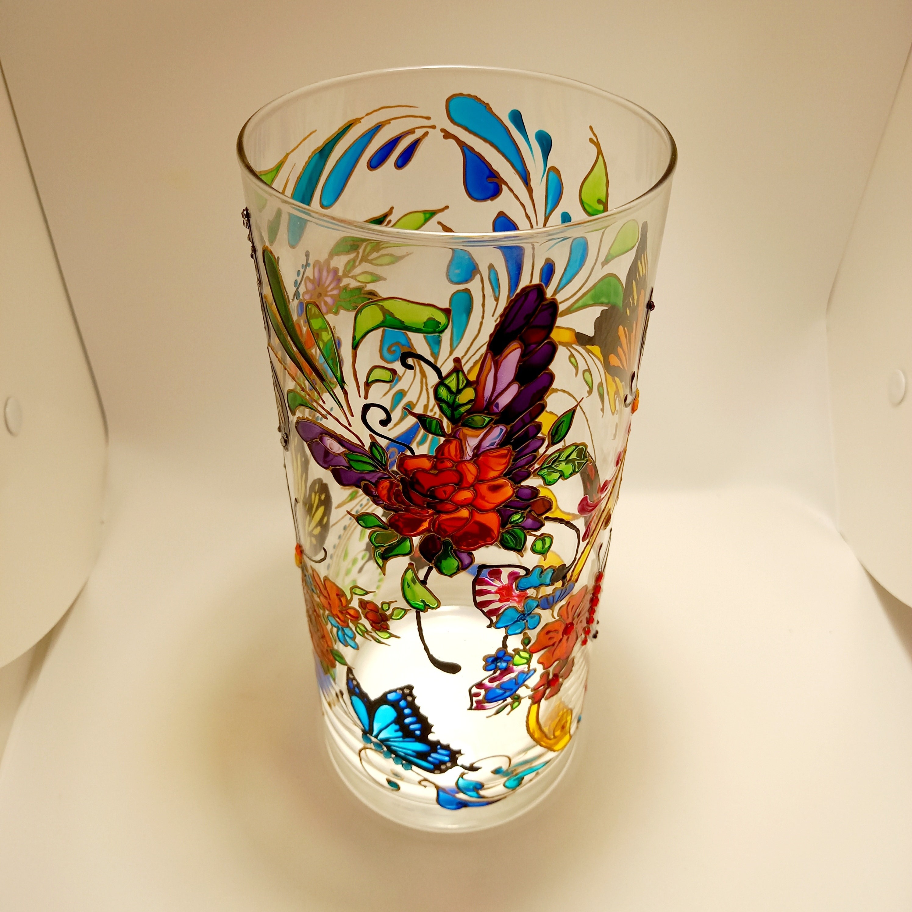 Tall Stained Glass Vase Hand Painted Butterflies Vase 104 Etsy