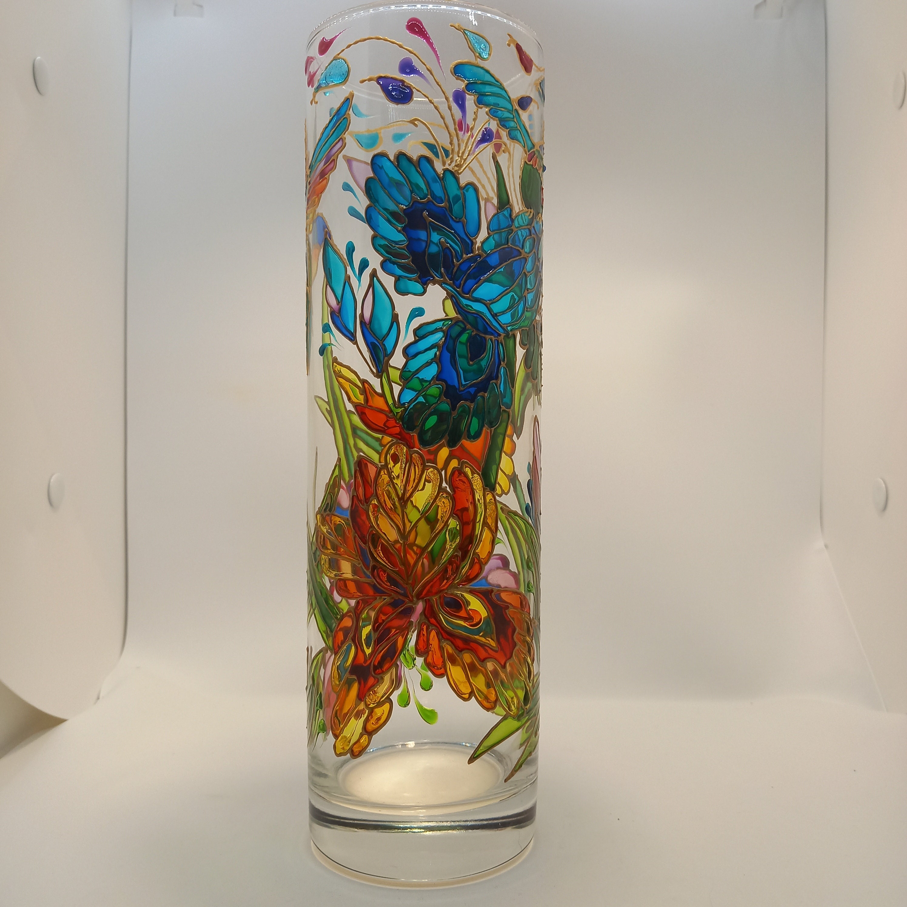 Tall Stained Glass Vase Irises Hand Painted Vase 10 in 25 Etsy