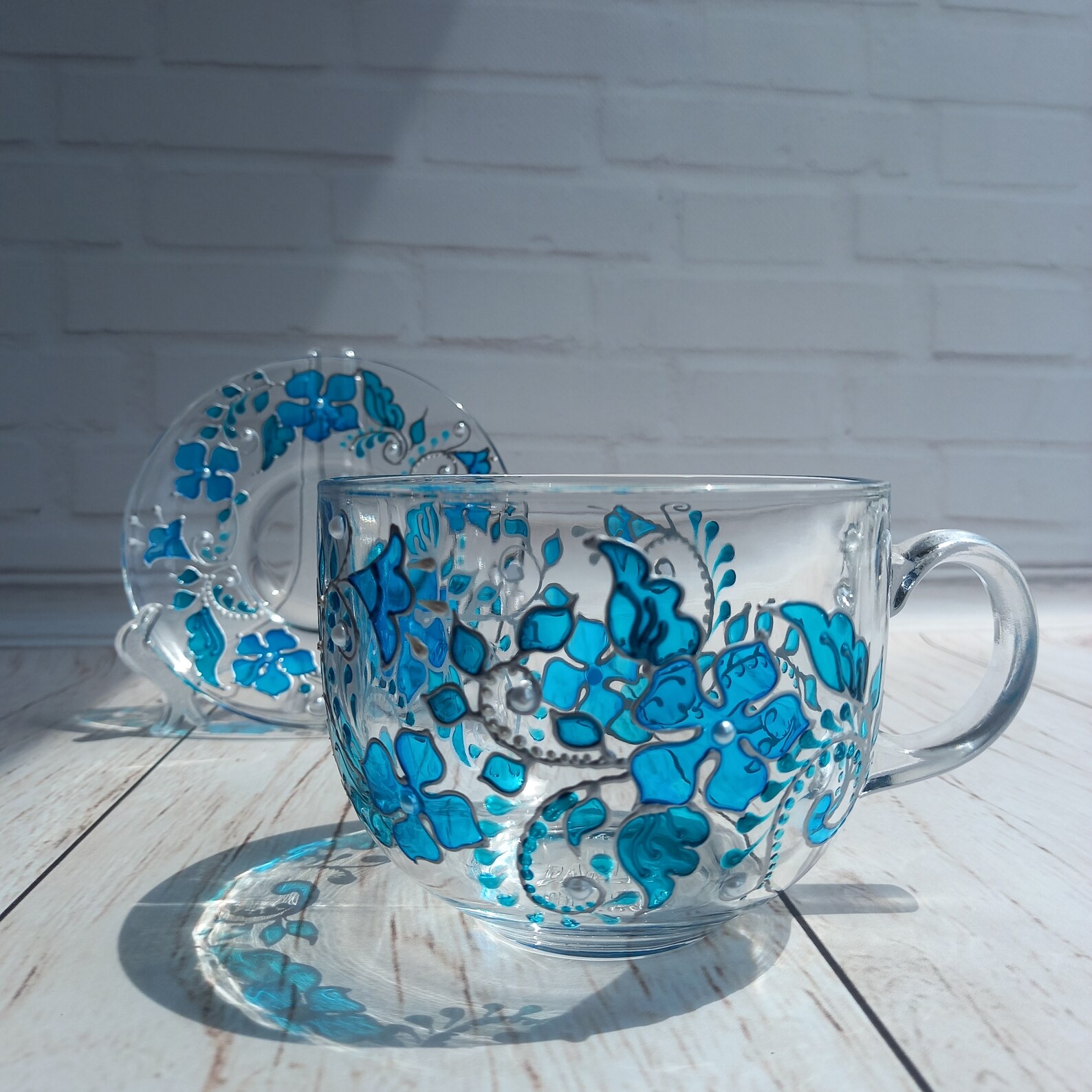 Stained Glass Tea Set with Teapot 20 oz 600 ml Blue Flowers Etsy