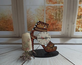 Wooden black clock for table &quot;Shoe&quot; 7,8 in (20 cm) Custom clock Personalized decor Colorful clock Boho style
