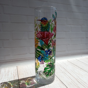 Stained Glass Vase Hummingbird  Vase  10 inch vase ( 26*9 cm) Flower Vase Tall Glass Vase Personalized vase Custom Vase Green vase