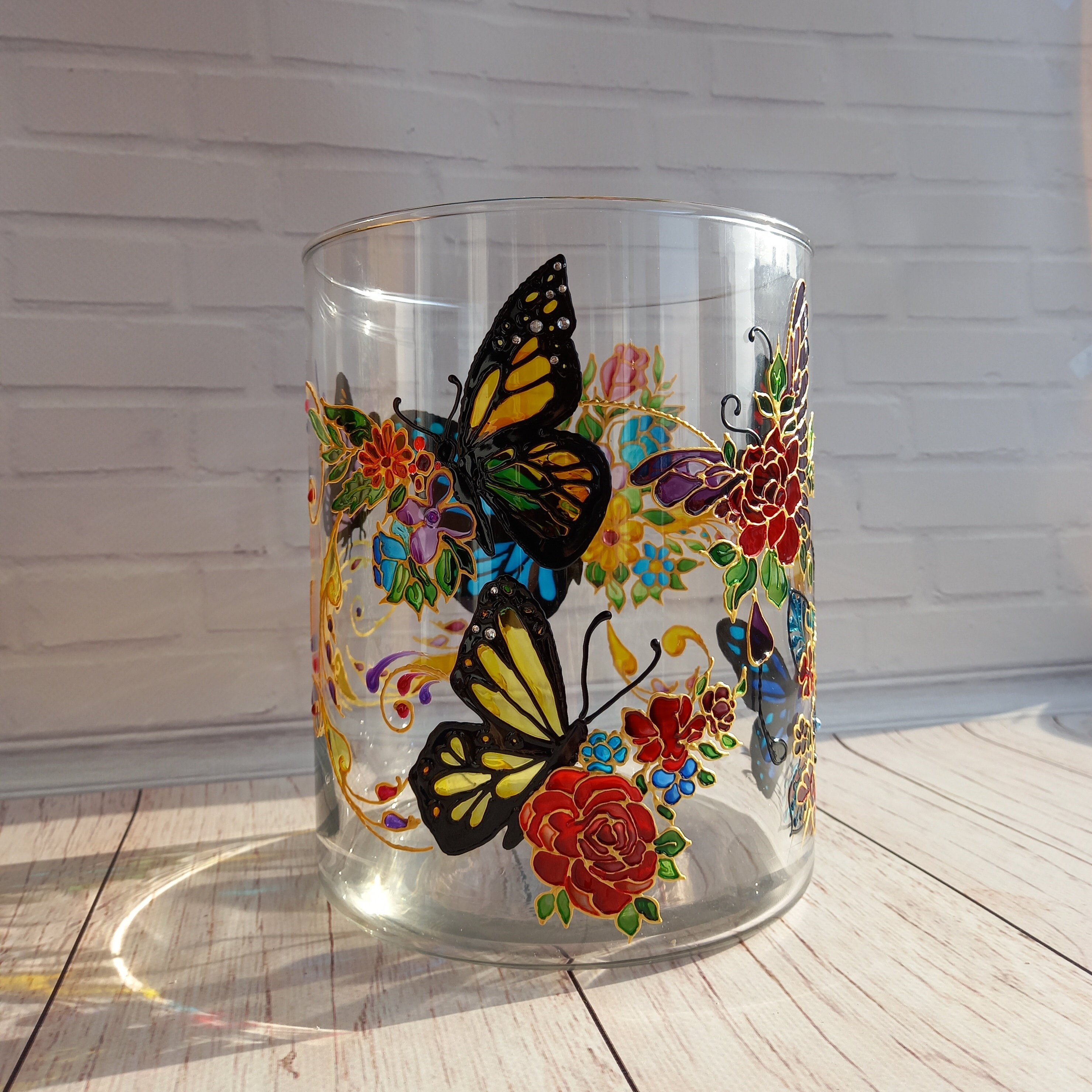 Tall Stained Glass Vase Hand Painted Butterflies Vase 86in Etsy